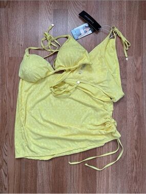 bebe 3 Piece Yellow Floral Bikini Top/Bottom With Matching Cover-Up Skirt